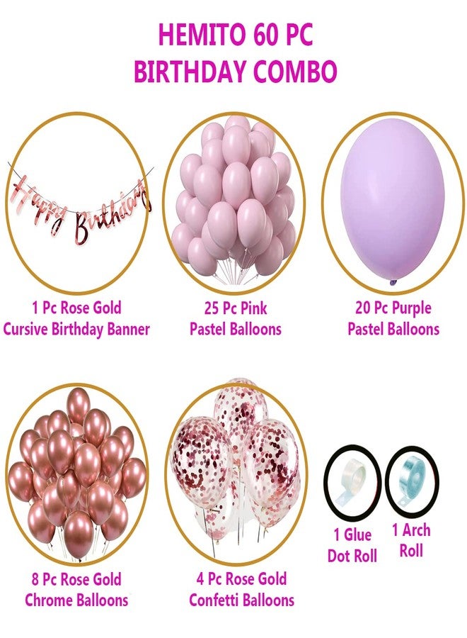 Hemito Birthday Decoration Kit 60 pc Pink Purple Pastel Balloons Combo with Birthday Paper Banner, Arc, Glue Dot for girls Kids Baby Birthday Decoration Items | Birthday Decoration Combo - Image 2